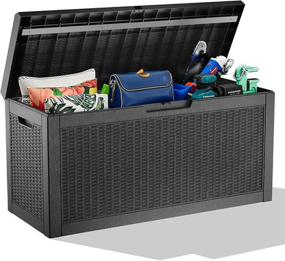 Waterproof Outdoor Storage Box, 70 Gallon Lockable Deck Box, UV-Resistant Outside Storage Bin With Hydraulic Lid For Patio Furniture, Cushion Organizer, Garden Tools, Pool Accessories, Black