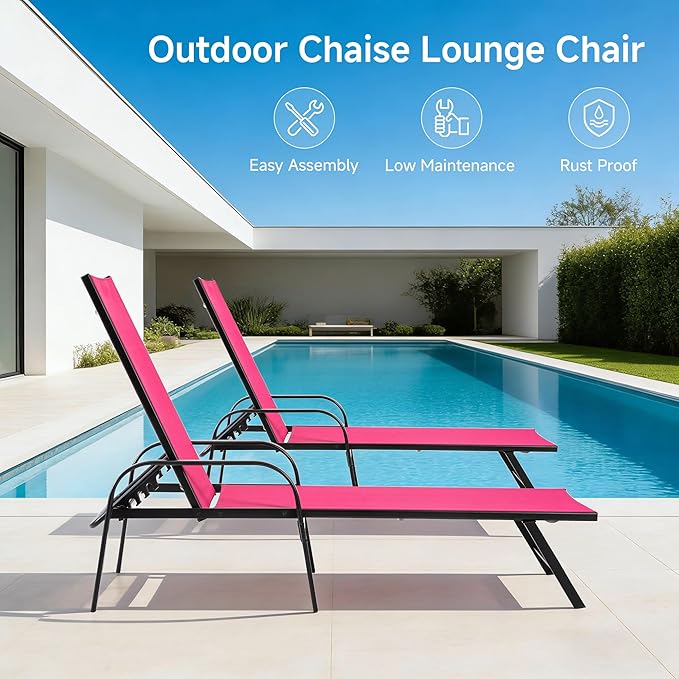 DUMOS Outdoor Lounge Chaise Set of 2 for Poolside Patio, 5-Position Chaise with Armrest, Sun Tanning Chair 350 lbs Heavy Duty Patio Pool Chair, Waterproof Lounge for Deck,Backyard, Beach,Pink
