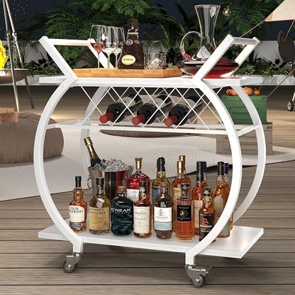 LVB White Bar Cart, Modern Rolling Serving Wine Cart with Storage for Home | Coffee Liquor Drink Cart with Wheels, Wood and Metal Kitchen Microwave Beverage Cart, Drink Liquor Cart for Dining Room