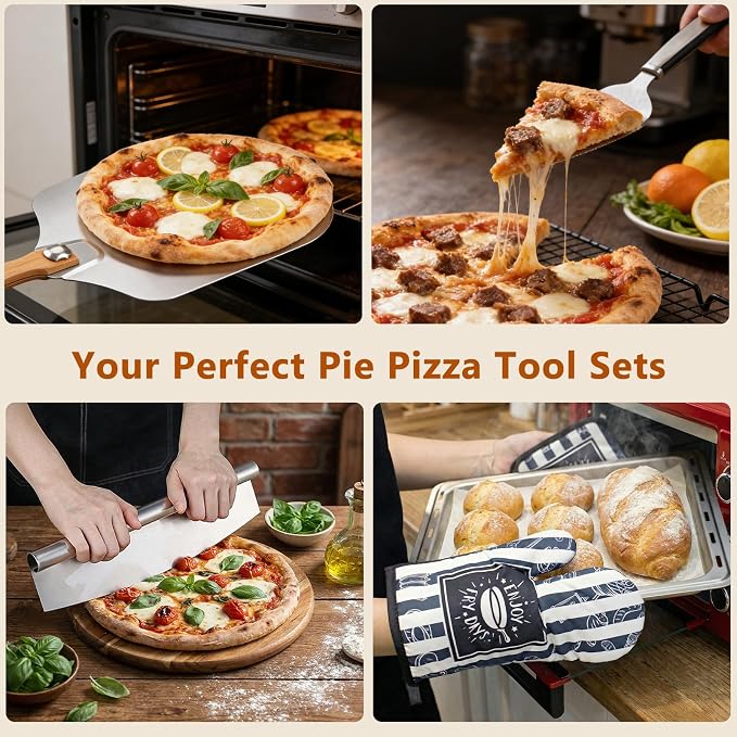 Pizza Peel Pizza Pan Set, 7Pcs Pizza Oven Accessories, 12 Inch Metal Paddle (12"x 14") with Foldable Wooden Handle, 2 Pizza Pans, Rocker Cutter, Pizza Server, Oven Mitts, Oil Brush