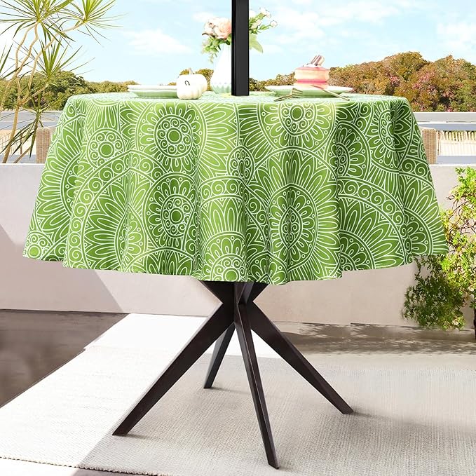 UMINEUX 60" Outdoor Round Tablecloth with Umbrella Hole and Zipper | Spring/Summer Waterproof Round Patio Table Cover for Picnic/BBQ/Garden, Green Circle