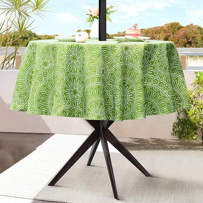 UMINEUX 60" Outdoor Round Tablecloth with Umbrella Hole and Zipper | Spring/Summer Waterproof Round Patio Table Cover for Picnic/BBQ/Garden, Green Circle