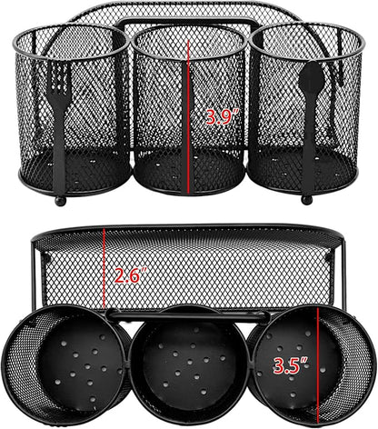 Silverware Organizer Utensil Caddy - 4 Compartment Metal Cutlery Holder Flatware Storage Basket Fork Spoon Napkin Paper Plate Kitchen Countertop Party Picnic Camping Buffet Outdoor (Black)
