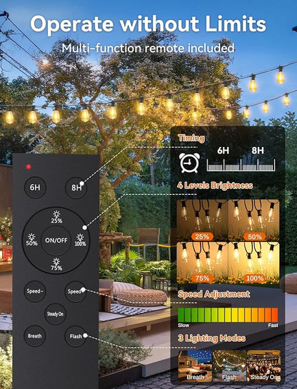 Brightever 50FT Solar String Lights Outdoor Waterproof, Patio Lights Solar Powered with Remote, 18+1 Shatterproof ST38 LED Bulbs, Dimmable&3 Lighting Modes, Hanging Outdoor Lights for Garden, Wedding