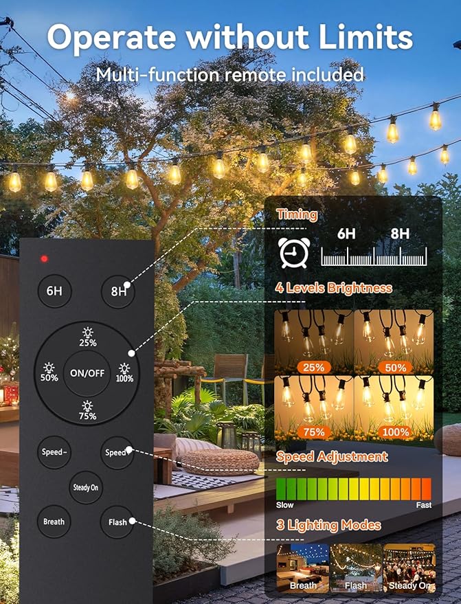 Brightever 100FT Solar String Lights Outdoor Waterproof with Remote, 36+2 Shatterproof ST38 LED Bulbs, Dimmable Patio Lights Solar Powered, 3 Lighting Modes Solar Lights for Backyard, Garden, Deck