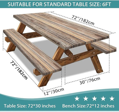 Picnic Table Cover with Bench Covers Camping Essentials Farmhouse Waterproof Windproof Wood Grain Camping Tablecloth Fitted Tablecloth Cover with Elastic Edge for Indoor & Outdoor 3 PCS 30x72 Inch