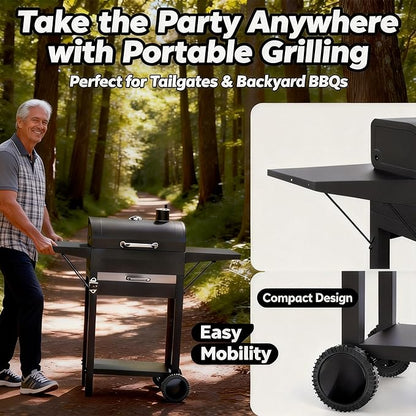 Charcoal Grills with Two Side Tables, 20-In Outdoor Smoker Barbecue Bbq Grill with 334 Sq. In Cooking Area for Camping, Patio,Backyard Party, Picnic, Black