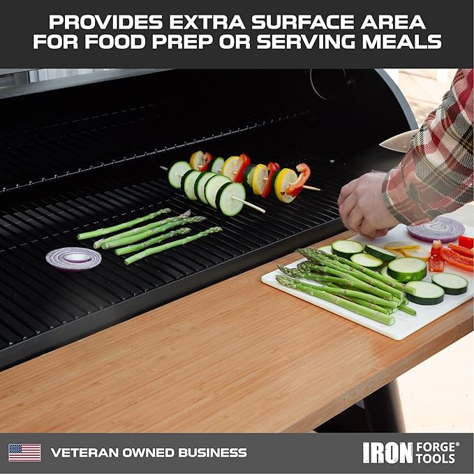 Iron Forge Tools 26x12 Wood Folding Grill Shelf Accessory - Charcoal Grill Accessories for Pellet Smoker Barbeque - Compatible with Traeger Pro 22, Pro 575, Ironwood 650 Series Texas Elite, Eastwood
