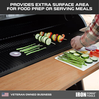 Iron Forge Tools 26x12 Wood Folding Grill Shelf Accessory - Charcoal Grill Accessories for Pellet Smoker Barbeque - Compatible with Traeger Pro 22, Pro 575, Ironwood 650 Series Texas Elite, Eastwood