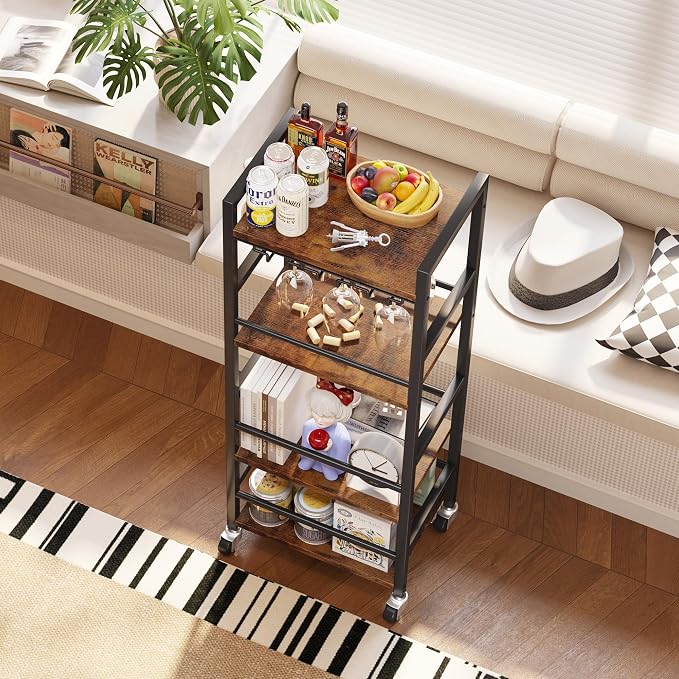 Homeiju Small Bar Cart, Home Bar Serving Cart with 4-Tier Shelf, Mobile Kitchen Shelf with Large Storage and Glass Holder, Mini Bar Cart for Small Spaces, Kitchen and Dining Room, Rustic Brown