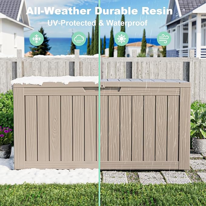 Waterproof Outdoor Storage Box, 86 Gallon Lockable Deck Box, UV-Resistant Outside Storage Bin With Hydraulic Lid For Patio Furniture, Cushion Organizer, Garden Tools, Pool Accessories, Grey