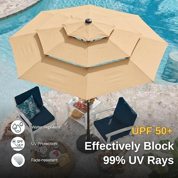 10ft 3 Tier Patio Umbrella, Outdoor Market Table Umbrella with UPF 50+ Vented Canopy, 8 Sturdy Ribs, Easy Push Button Tilt and Crank, Windproof for Deck, Pool, Backyard and Garden