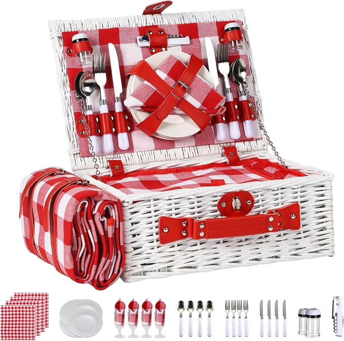 Wicker Picnic Basket Set for 4, Blanket, Cooler Bag, White and Red | Four-Person Wicker Set Includes Tableware, Insulated Food Storage and Waterproof Blanket for Parks, Camping, Dates and Gifts