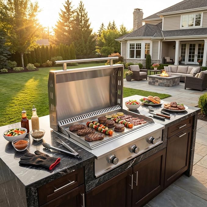 Stanbroil 36-Inch Built-In Natural Gas Griddle for Outdoor Kitchen | 304 Stainless Steel Flat Top Grill, 3 Burners, 42,000 BTU, Removable Grease Tray, Hinged Lid, Independent Heat Control