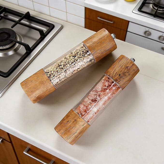2 Pack Wooden Salt and Pepper Grinder Set,8 Inch Manual Acrylic Salt and Pepper Mills with Adjustable Ceramic Grinder Core,Rustic Wood Finish Spice Grinder Set for Kitchen Dining Table BBQ