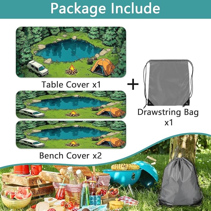 Picnic Table Cover with Bench Covers Elastic Edges, Green Forest Camping Scene Table Cover, Waterproof Windproof Fitted, for Outdoor Camping Patio Garden RV Trips, Drawstring Bag, 60 Inch 3PCS