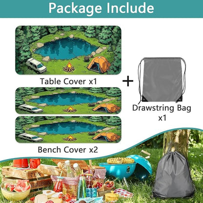 Picnic Table Cover with Bench Covers Elastic Edges, Green Forest Camping Scene Table Cover, Waterproof Windproof Fitted, for Outdoor Camping Patio Garden RV Trips, Drawstring Bag, 60 Inch 3PCS