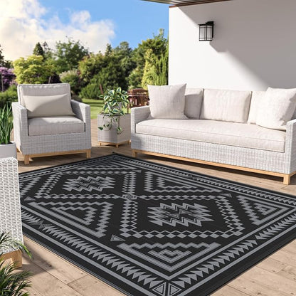 GENIMO Outdoor Rug, Waterproof Plastic Rugs for Patio, 8'x10' Charcoal Grey | Outside Larger Modern Carpet Mat for Porch Decor, Deck, Balcony, Camping, RV, Backyard, Picnic, Beach, Reversible, Foldable