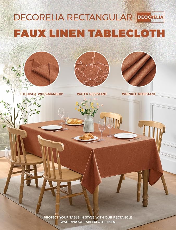 Decorelia Fall Rectangle Tablecloth for Dining Table Burnt Orange,60"x144" | Waterproof Linen Texture Terracotta Washable Rectangluar Table Cloth Cover for Thanksgiving,Party Autumn Home Kitchen Decor