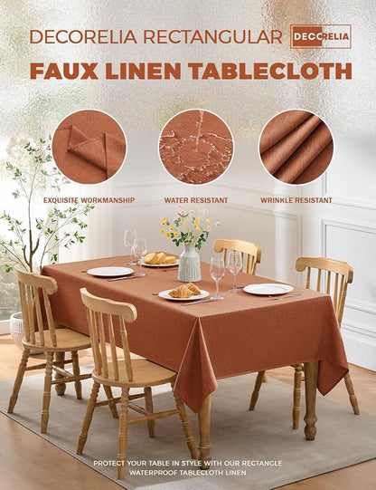 Decorelia Fall Rectangle Tablecloth for Dining Table Burnt Orange,60"x144" | Waterproof Linen Texture Terracotta Washable Rectangluar Table Cloth Cover for Thanksgiving,Party Autumn Home Kitchen Decor