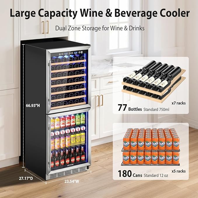 ORYMUSE 24 Inch Dual Zone Wine and Beverage Refrigerator, 180 Can / 77 Bottle Capacity Built-In Freestanding Wine Fridge with Glass Door, Drink Cooler for Kitchen Home Bar, Blue LED Light