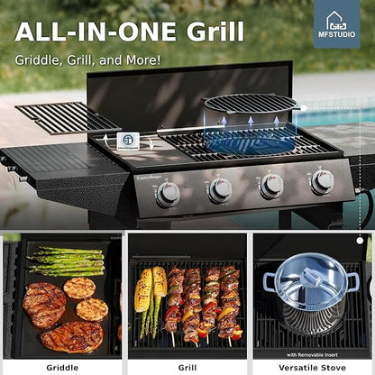 MFSTUDIO Propane Gas Grill and Griddle Combo, 4-Burner Propane Grills with Porcelain-Enameled Cast Iron Grates, 482 SQ.IN. Cooking Area, 52,000 BTU High Output for Outdoor Patio Barbecue and Meals