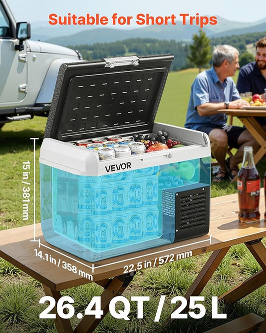 VEVOR 12 Volt Car Refrigerator, 26.4QT/25L Car Fridge, Portable Electric Freezer with -4℉ to 68℉ Adjustable Temp, 12/24V DC and 100-240V AC Compressor Cooler for Outdoor, Camping, RV