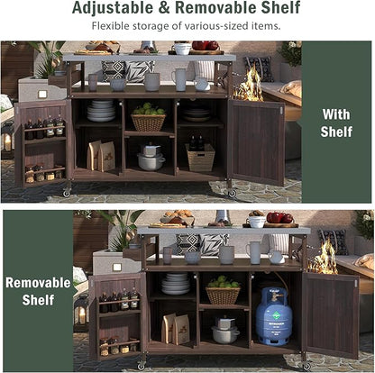 Outdoor Kitchen Rolling Bar Cart with Storage Cabinet, Farmhouse Solid Wood Outdoor Grill Table with Stainless Steel Top, Spice Rack and Towel Rack, Perfect for Barbecue Poolside Patio (Dark Brown)