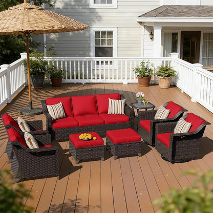 8 Pieces Patio Conversation Furniture Set - 1 Sofa, 2 Ottomans, 2 Armchairs, 2 Swivel Chairs, 1 Side Table, Outdoor Wicker Furniture with Removable Cushions for Porch, Sunroom (Red)