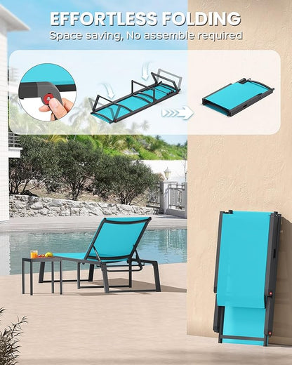 Aluminum Chaise Lounge Chair Outdoor, Foldable& No Assembly Patio Pool Lounge Chairs 5-Position Recliner for Outside, Fully Grounded Legs Sun Lounger for Poolside, Lake Blue