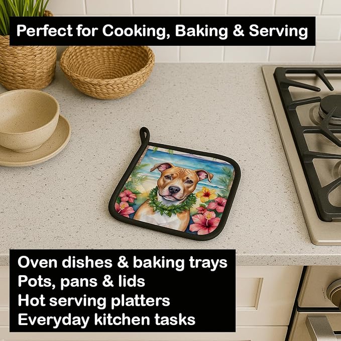 Caroline's Treasures Pit Bull Terrier Luau Pair of Pot Holders Kitchen Heat Resistant Pot Holders Sets Oven Hot Pads for Cooking Baking BBQ, 7 1/2 x 7 1/2