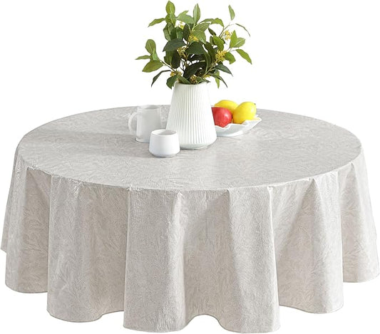 Newbridge Napa Leaf Beige Vinyl Flannel Backed Tablecloth, 70 Inch Round, Hotel Quality Waterproof Indoor Outdoor Table Cover for Kitchen, Patio, Dining, BBQ