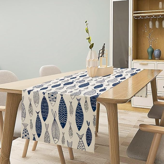 Under Sea World Table Runner, Summer Navy Blue Fish Table Runner Beach Starfish Coral Vintage Dining Tablerunner for Coffee Table/Kitchen Island/Party Decor, 13" x 120"