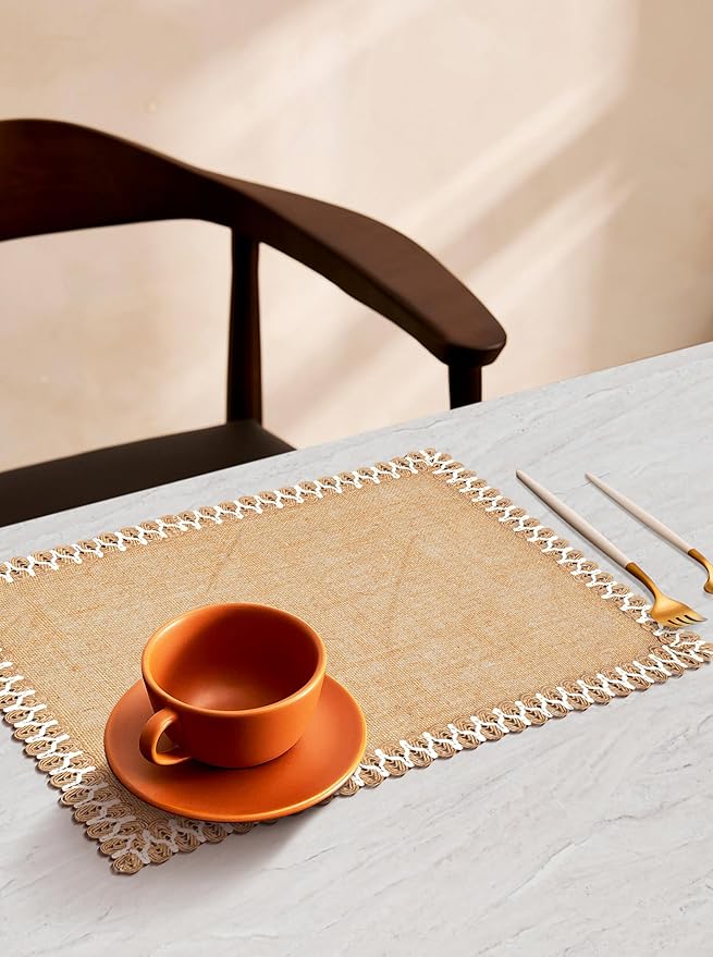 Hausattire Jute Burlap Placemat 14x14 Inches - Natural, Lace Design Edges Table Mats for Bar Table Indoor Outdoor Rustic Easter Farmhouse Kitchen Coffee Dinner Table Decor Mats - Set of 4