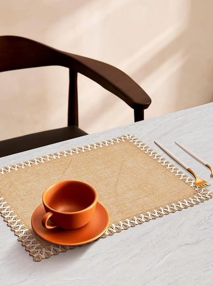 Hausattire Jute Burlap Placemat 14x14 Inches - Natural, Lace Design Edges Table Mats for Bar Table Indoor Outdoor Rustic Easter Farmhouse Kitchen Coffee Dinner Table Decor Mats - Set of 4