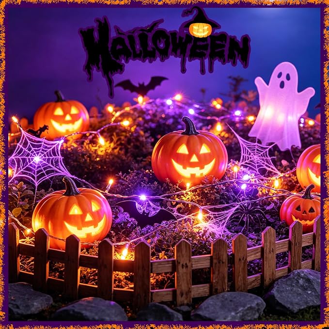 Slyuexu Solar String Lights Outdoor Waterproof 2 Pack Total 66ft 200LED | 8 Modes Twinkle Lights Solar Fairy Lights for Patio, Garden Yard Party Wedding Tree Halloween Decoration, Orange + Purple