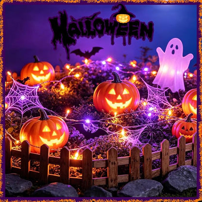 Slyuexu Solar String Lights Outdoor Waterproof 2 Pack Total 66ft 200LED | 8 Modes Twinkle Lights Solar Fairy Lights for Patio, Garden Yard Party Wedding Tree Halloween Decoration, Orange + Purple