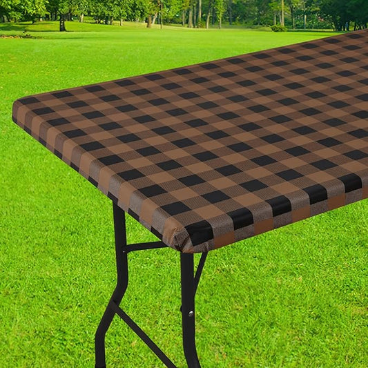 Smiry Rectangle Picnic Table Cloth, Elastic Waterproof Fitted Vinyl Tablecloths, Flannel Backed Buffalo Plaid Table Covers for Dining, Camping, Outdoor (Black and Brown, 30" x 72")