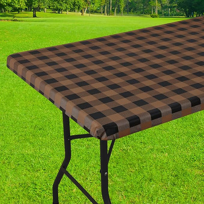 Smiry Rectangle Picnic Table Cloth, Elastic Waterproof Fitted Vinyl Tablecloths, Flannel Backed Buffalo Plaid Table Covers for Dining, Camping, Outdoor (Black and Brown, 30" x 48")