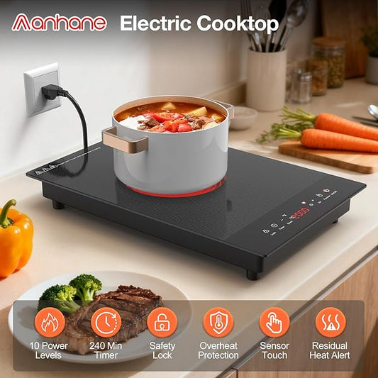 Electric Cooktop, ANHANE 1800W Portable Stove Top, 12" Infrared Single Burner Hot Plate for Cooking, Countertop Ceramic Radiant Cooker with Timer & Child Lock, All Cookware Compatible for RV/Dorm