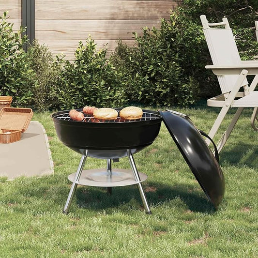 Portable Charcoal Grill for Outdoor Cooking, Compact Round BBQ Barbecue Grill with Lid, Air Vent, Ash Basin and Cooking Grate for Garden, Patio, Camping, Backyard, Black, 14.37 x 14.37 x 15.75 in