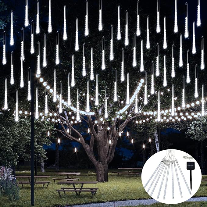JMEXSUSS Solar Lights Outdoor, 8 Tube 144 LEDs Solar Meteor Shower Lights Outdoor, White Christmas Light for Tree Wedding Xmas Holiday Party Patio Gazebo Decor