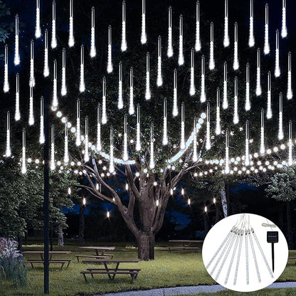 JMEXSUSS Solar Lights Outdoor, 8 Tube 144 LEDs Solar Meteor Shower Lights Outdoor, White Christmas Light for Tree Wedding Xmas Holiday Party Patio Gazebo Decor