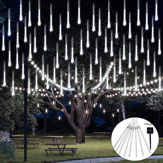 JMEXSUSS Solar Lights Outdoor, 8 Tube 144 LEDs Solar Meteor Shower Lights Outdoor, White Christmas Light for Tree Wedding Xmas Holiday Party Patio Gazebo Decor