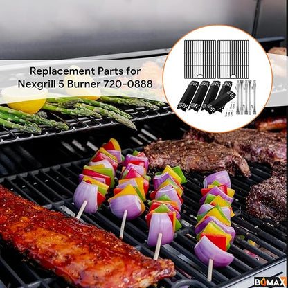 BQMAX Grill Parts for Nexgrill 5 Burner Gas Grill 720-0888 720-0888A 720-0888N, Cooking Grate, Heat Plates Shield and Burner for Nexgrill 5 Burner Replacement Parts for 720-0888 Nexgrills Part