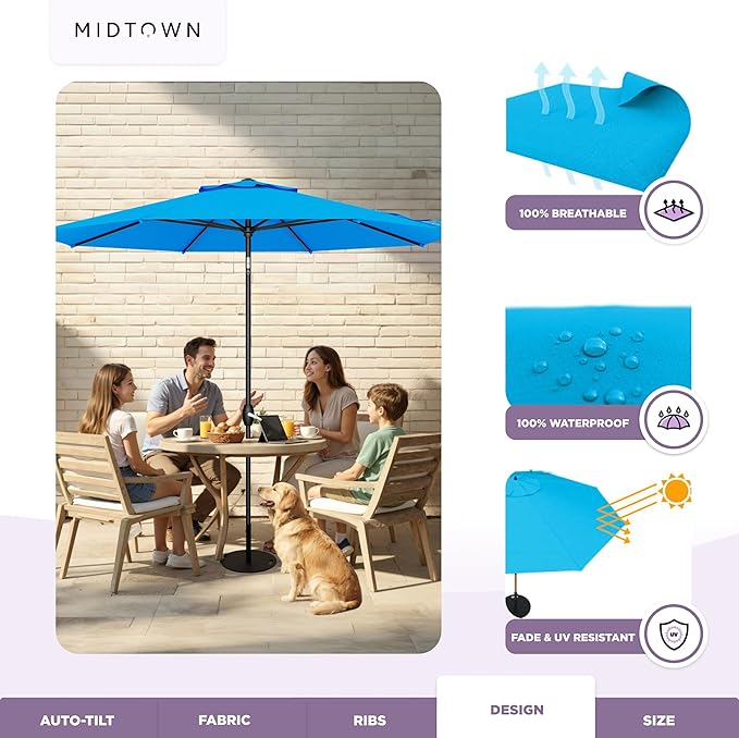 Midtown Umbrellas - 10-Year-No-Fade 8 Ft Patio Umbrella with Terylast Fabric, Auto-Tilt Aluminum Frame and 8 Reinforced Ribs for Deck, Pool, Garden & Beach - Cobalt Blue Canopy, Black Pole