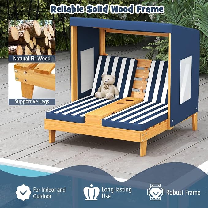 Kids Lounge Chair Outdoor, 2-Seat Toddler Patio Chair with Cushions, Cup Holders, Detachable Canopy, Wooden Double Chaise Lounge for Lawn, Pool, Garden, and Yard (Navy)