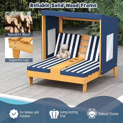 Kids Lounge Chair Outdoor, 2-Seat Toddler Patio Chair with Cushions, Cup Holders, Detachable Canopy, Wooden Double Chaise Lounge for Lawn, Pool, Garden, and Yard (Navy)