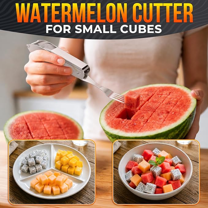 2-in-1 Watermelon Cutter Slicer Tool, Watermelon Fork, 304 Steel | Fruit Cutter Tool that Cube Mango, Cantaloupe & Dragon Fruit for Parties, Picnics & Summer Salads by Dual-Sided Blades
