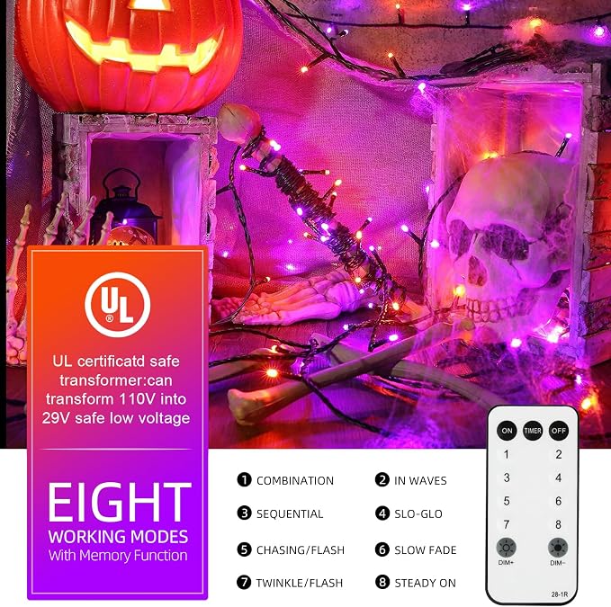 Orange Purple Halloween String Lights, Halloween Light | 105FT 300 LED Color Changing, End to End Plug Waterproof Halloweens Decoration Lights Outdoor Indoor for Bedroom Patio Decor